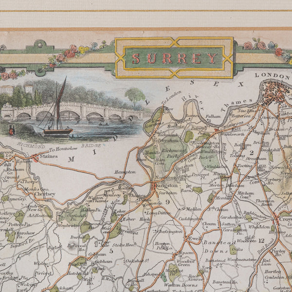 Antique County Map, Surrey, English, Framed Lithograph, Cartography, Victorian