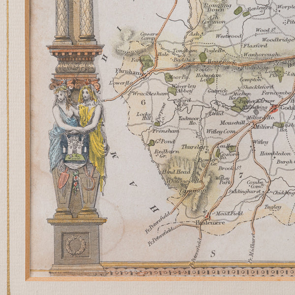 Antique County Map, Surrey, English, Framed Lithograph, Cartography, Victorian