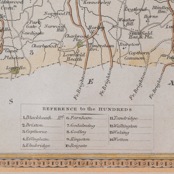 Antique County Map, Surrey, English, Framed Lithograph, Cartography, Victorian