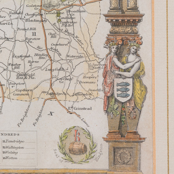 Antique County Map, Surrey, English, Framed Lithograph, Cartography, Victorian