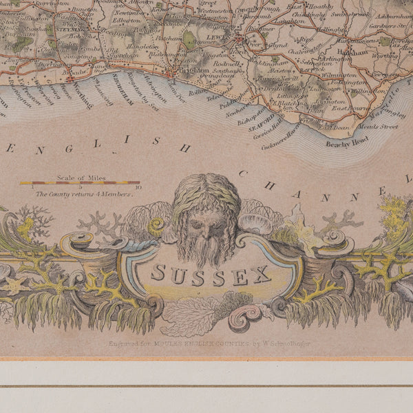 Antique County Map, Sussex, English, Framed Lithography, Cartography, Victorian