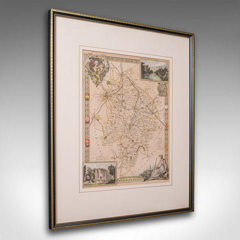 Antique Lithography Map, Warwickshire, English, Framed, Cartography, Victorian