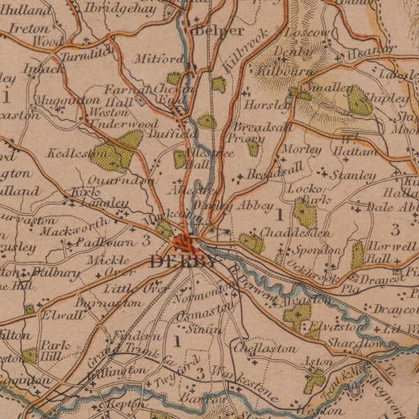 Antique Lithography Map, Derbyshire, English, Framed Cartography, Victorian