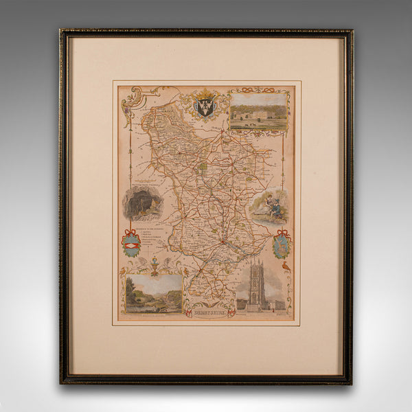 Antique Lithography Map, Derbyshire, English, Framed Cartography, Victorian