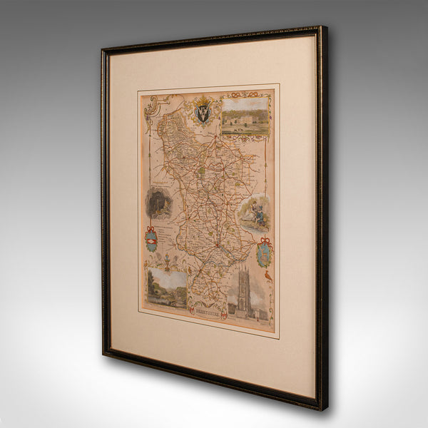 Antique Lithography Map, Derbyshire, English, Framed Cartography, Victorian