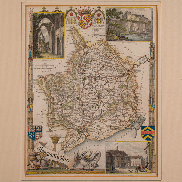 Antique Lithography Map, Monmouthshire, Framed, Welsh Cartography, Victorian