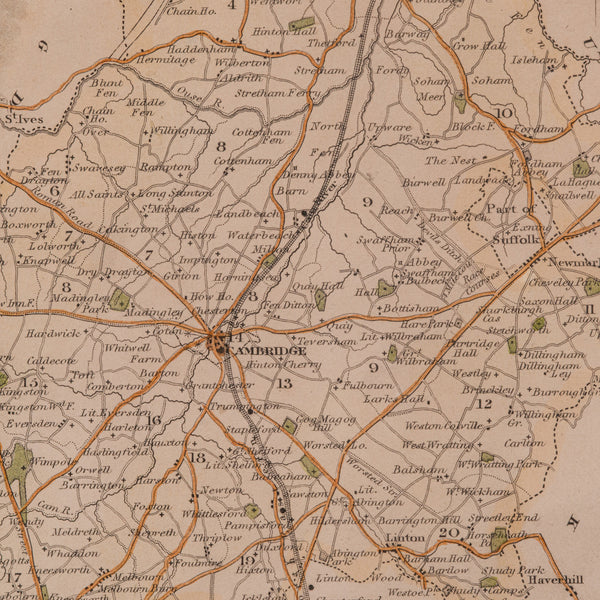 Antique Lithography Map, Cambridgeshire, English, Framed Cartography, Victorian