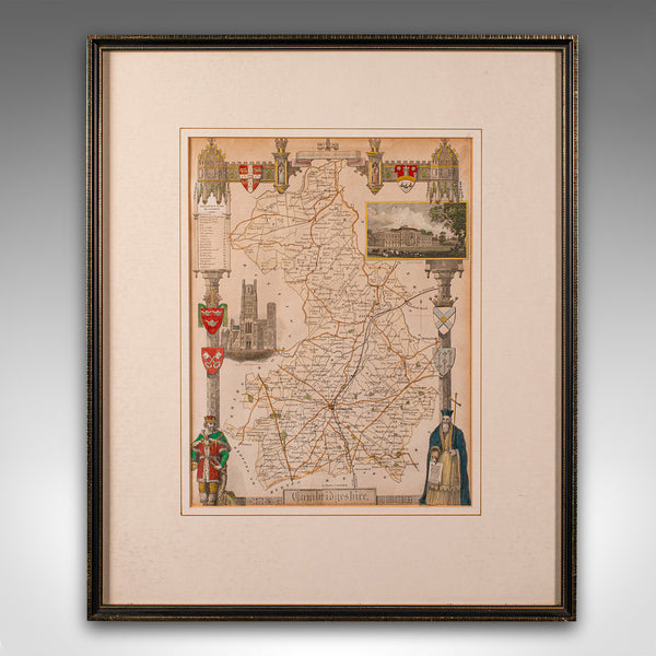 Antique Lithography Map, Cambridgeshire, English, Framed Cartography, Victorian