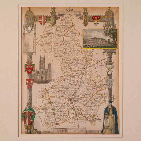 Antique Lithography Map, Cambridgeshire, English, Framed Cartography, Victorian