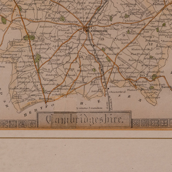 Antique Lithography Map, Cambridgeshire, English, Framed Cartography, Victorian