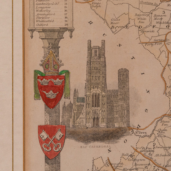 Antique Lithography Map, Cambridgeshire, English, Framed Cartography, Victorian