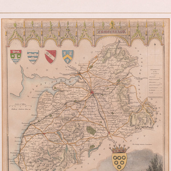 Antique Lithography Map, Cumberland, English, Framed, Cartography, Victorian