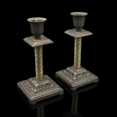 Pair Of Antique Aesthetic Period Candlesticks, English, Brass, Stand, Victorian