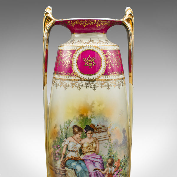 Pair Of Tall Antique Stem Vases, Austrian, Ceramic, Flower Sleeve, Victorian