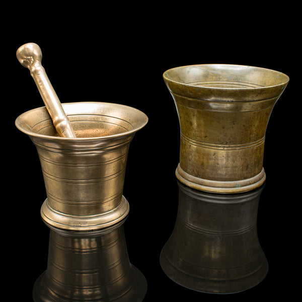 Duo Of Antique Mortars, Pestle, English, Bronze, Apothecary Aid, Early Georgian