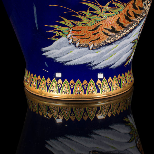 Vintage Tiger Vase, Chinese, Blue Lacquer Ceramic Baluster Urn, Oriental, C.1980