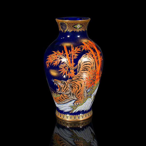 Vintage Tiger Vase, Chinese, Blue Lacquer Ceramic Baluster Urn, Oriental, C.1980