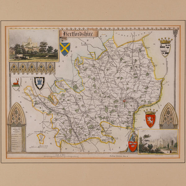 Antique County Map, Hertfordshire, English, Framed Engraving, Cartography, Litho