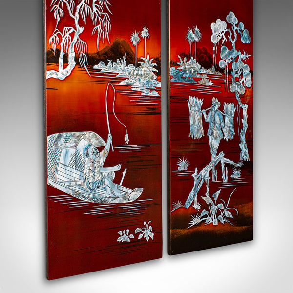 Vintage Set Of Wall Panels, Chinese, Lacquer, Mother of Pearl, Oriental Display