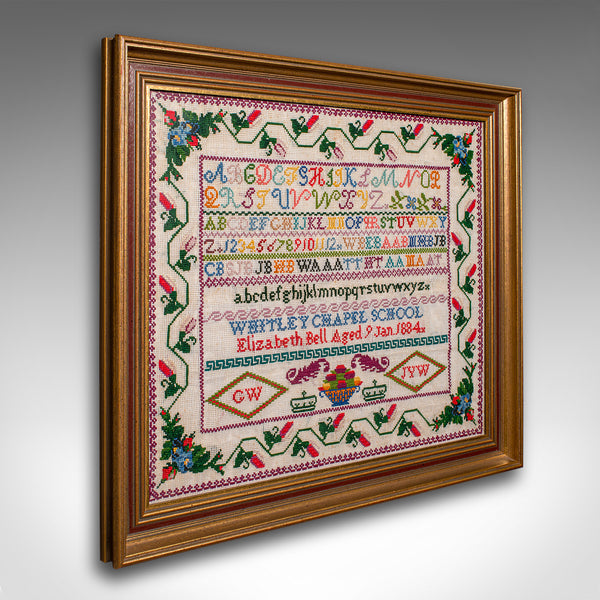 Antique School Sampler, English, Needlepoint Embroidery Display, Victorian, 1884