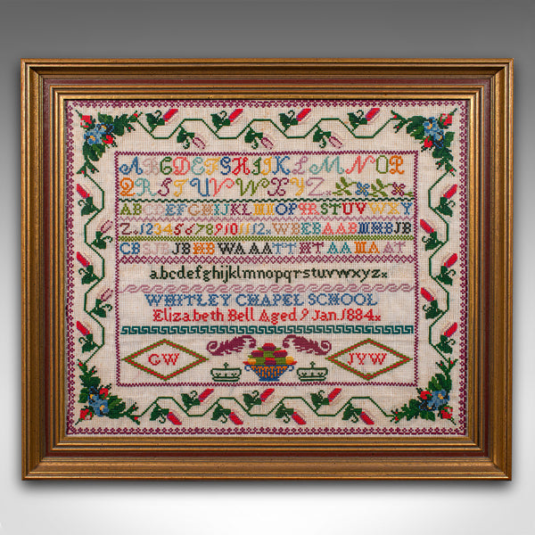 Antique School Sampler, English, Needlepoint Embroidery Display, Victorian, 1884