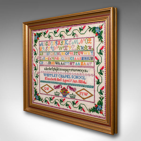 Antique School Sampler, English, Needlepoint Embroidery Display, Victorian, 1884