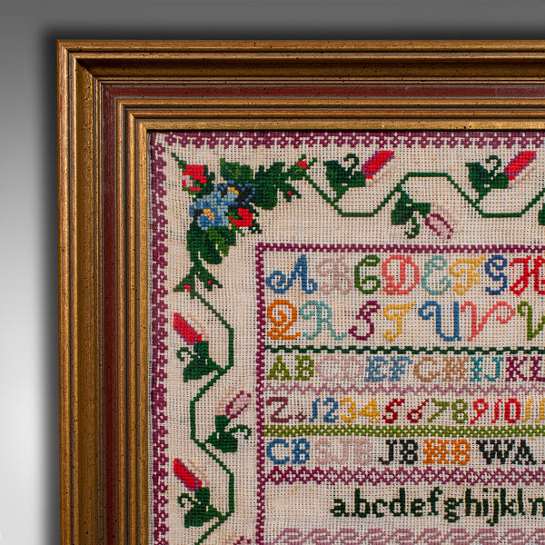 Antique School Sampler, English, Needlepoint Embroidery Display, Victorian, 1884