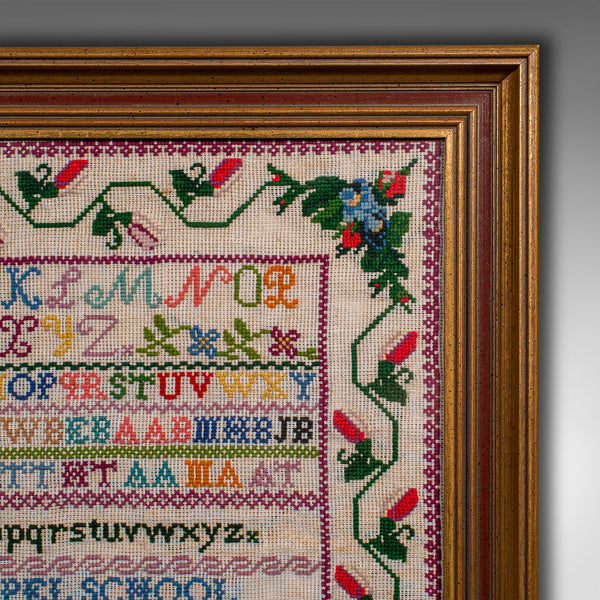 Antique School Sampler, English, Needlepoint Embroidery Display, Victorian, 1884