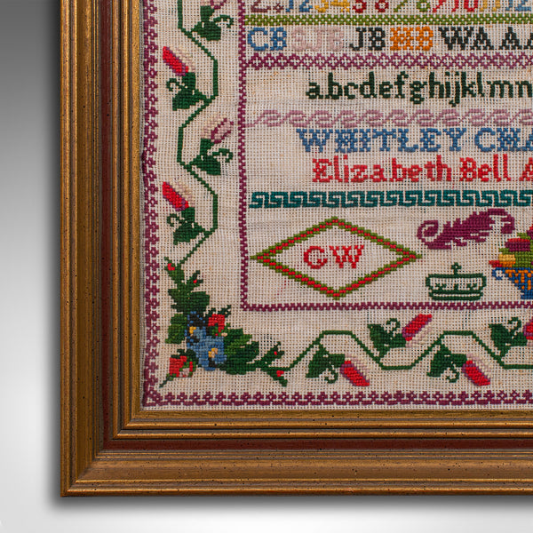 Antique School Sampler, English, Needlepoint Embroidery Display, Victorian, 1884