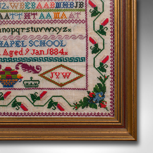 Antique School Sampler, English, Needlepoint Embroidery Display, Victorian, 1884