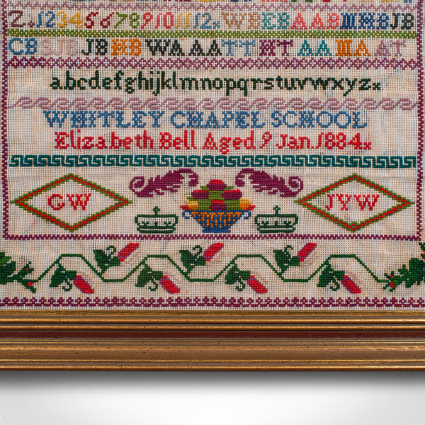 Antique School Sampler, English, Needlepoint Embroidery Display, Victorian, 1884