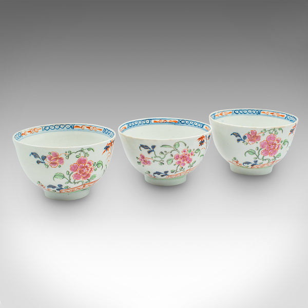 Antique Trio Of Small Oriental Teacups, Chinese Ceramic, Famille Rose, Victorian