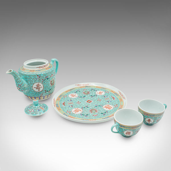 Contemporary Mun Shou Longevity Tea Set, Chinese, Ceramic, Teapot, Famille Rose