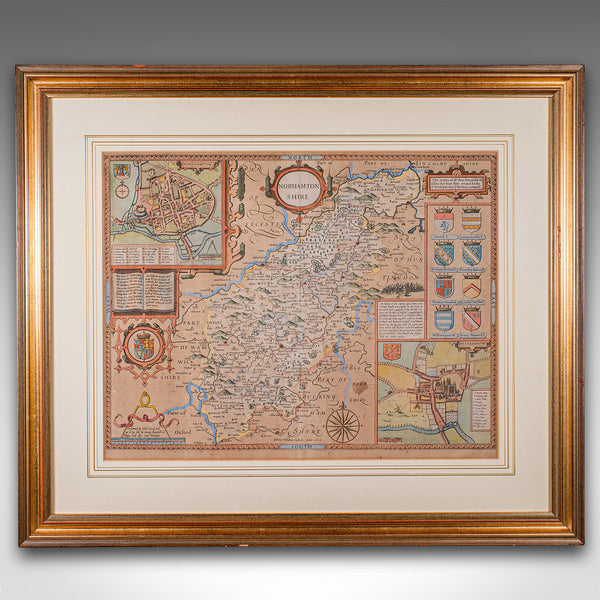 Large Antique Lithography Map, Northamptonshire, Framed Cartography, John Speed