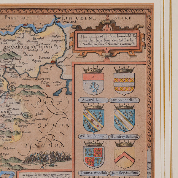 Large Antique Lithography Map, Northamptonshire, Framed Cartography, John Speed