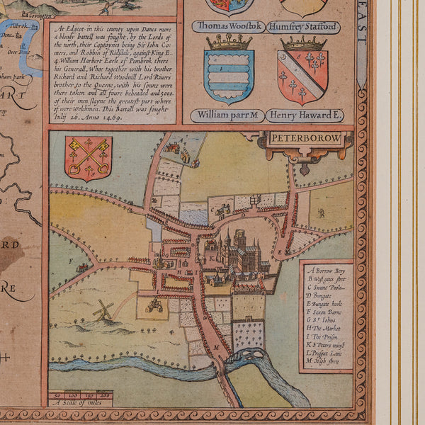 Large Antique Lithography Map, Northamptonshire, Framed Cartography, John Speed