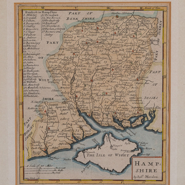 Antique County Map, Hampshire, English, Framed Cartography, Robert Morden, 1700