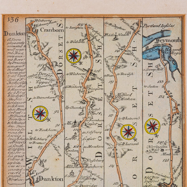 Antique Coaching Road Map Cranborne to Dorchester, Framed Cartography, Victorian