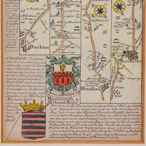 Antique Coaching Road Map Cranborne to Dorchester, Framed Cartography, Victorian