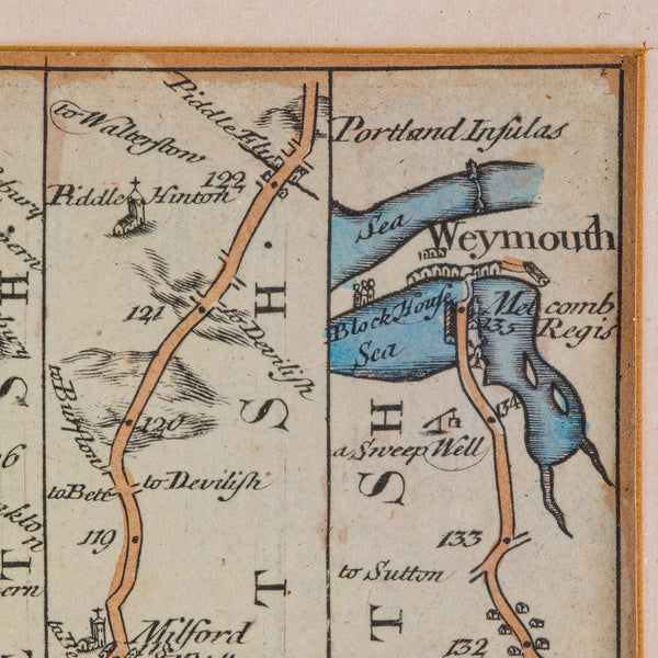 Antique Coaching Road Map Cranborne to Dorchester, Framed Cartography, Victorian