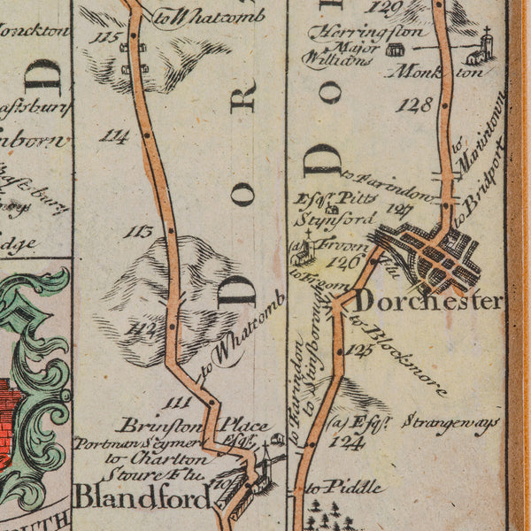 Antique Coaching Road Map Cranborne to Dorchester, Framed Cartography, Victorian