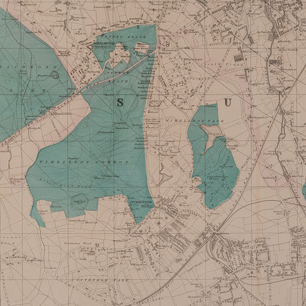 Large Antique Wimbledon Map, SW London, English, Framed Cartography, Victorian
