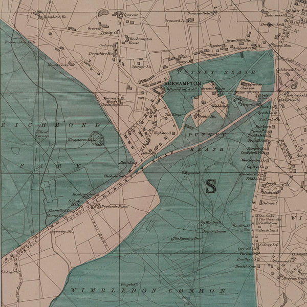 Large Antique Wimbledon Map, SW London, English, Framed Cartography, Victorian
