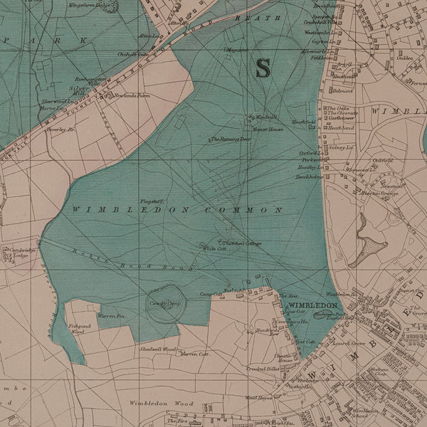 Large Antique Wimbledon Map, SW London, English, Framed Cartography, Victorian