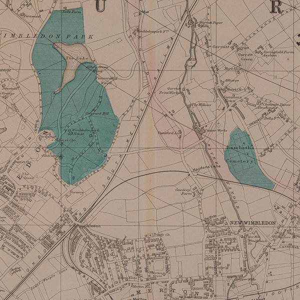 Large Antique Wimbledon Map, SW London, English, Framed Cartography, Victorian