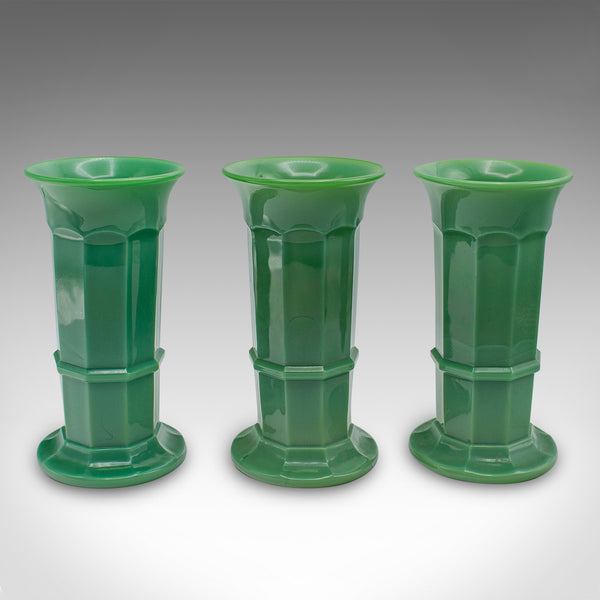 Trio Of Vintage Flower Vases, English, Glass, Candle Stand, Art Deco, Circa 1930