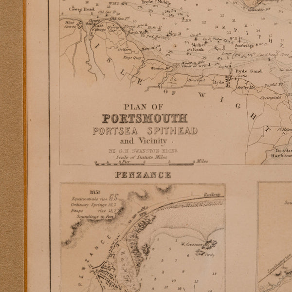 Antique Lithography Map, Coastal England, Framed Cartography Interest, Victorian