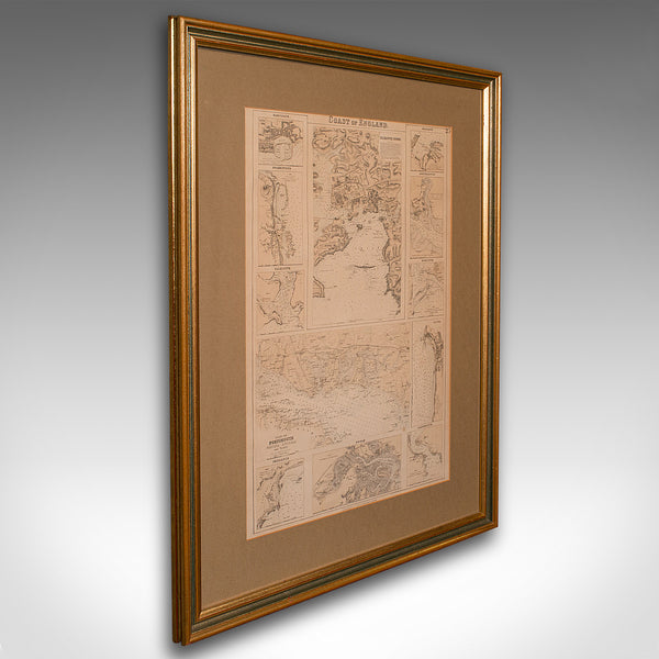 Antique Lithography Map, Coastal England, Framed Cartography Interest, Victorian