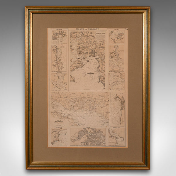 Antique Lithography Map, Coastal England, Framed Cartography Interest, Victorian