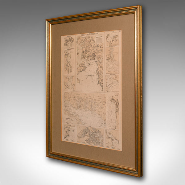 Antique Lithography Map, Coastal England, Framed Cartography Interest, Victorian